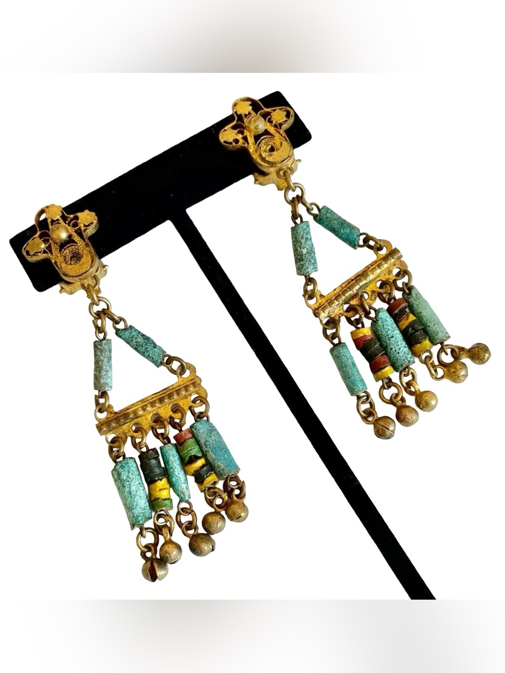 Vintage 1930s Egyptian Revival Goldtone Clip Earrings With Beads